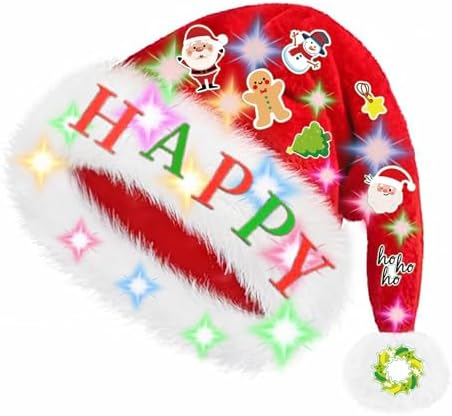 Santa Hat with DIY Stickers, Light-Up Christmas Hat for Women & Men, Festive Holiday Party & New Year Celebration Costume Accessory, Fun DIY Xmas Decorations, christmas gifts for teens/Adults