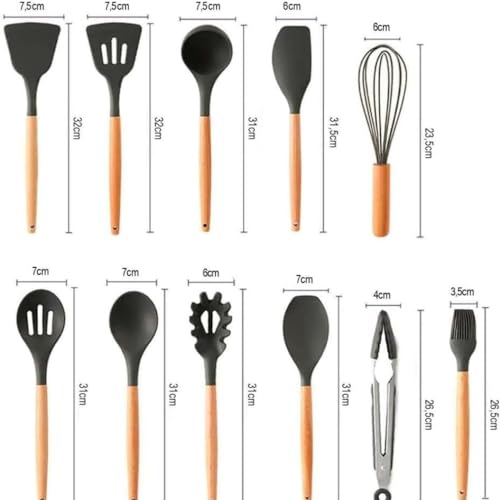 Conjunto Utensílios Cozinha em Silicone Cabo de Madeira Kit 12 Peças Leve Premium Antiaderente Espát