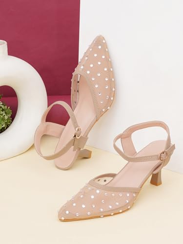 Image of TRYME Women's Kitten Heel Sandals | Pointed Toe Back Strap Low Heel Embellished Sandals for Office, Wedding, Casual & Dressy Wear