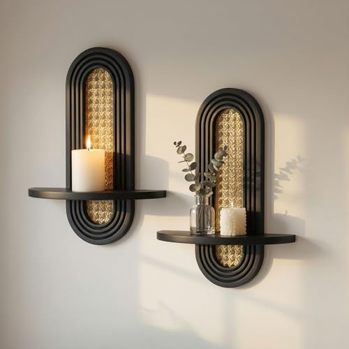 Wall Candle Holder Sconce Set of 2 Wooden Wall Mounted Candle Holder with Arched Shelf and Gold Metal Vine Detail Decorative Wall Sconce for Pillar Candles Living Room Bedroom Entryway Decor
