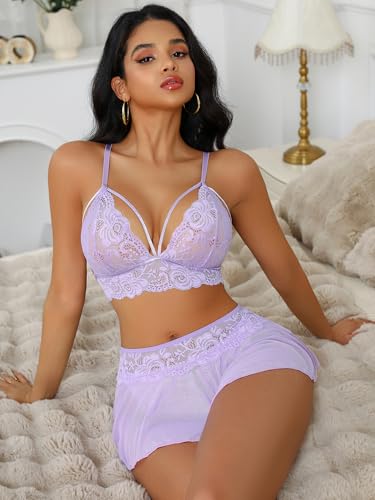 Image of CRIPOM Sexy Lingerie for Women Naughty 3 Piece Lace Bralette, Mini Skirt with G-String Crotchless Lingerie Outfits