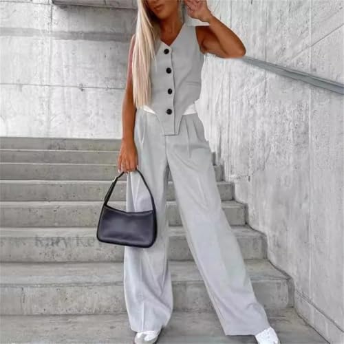 Women's Fashion Casual Suit Summer V-Neck Button Tops Pocket Loose Pants Two-Piece Suit2