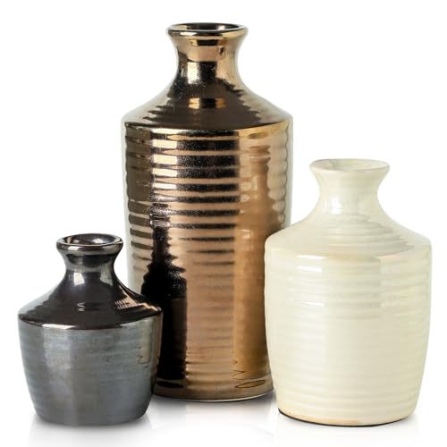 Set of 3 Ceramic Vases for Home Decor - Metallic