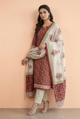 Image of Eddika women unstitched hand block printed cotton suit set with mulmul dupatta ehbpcswmd0120P