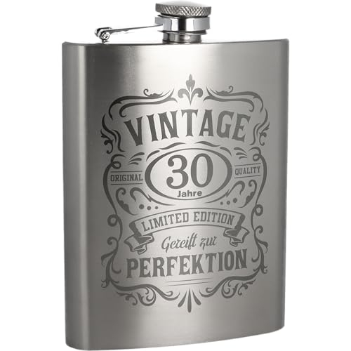 Edelstahl Flachmann mit Lasergravur 236 ml (8 oz) personalisierbares Design auslaufsicher Geschenk für Männer Geburtstag Jubiläum (30 Jahre)