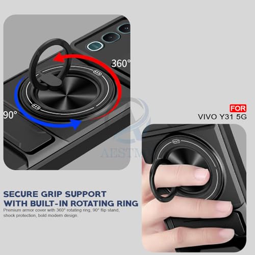 Image of AESTMO Vivo Y31 5G Back Cover | Armor Camera Slider 360 Degree Rotating Finger Ring Holder Case with Bracket Stand Back Case Cover for Vivo Y31 5G (Compatible with MagSafe Accessories) (Black)