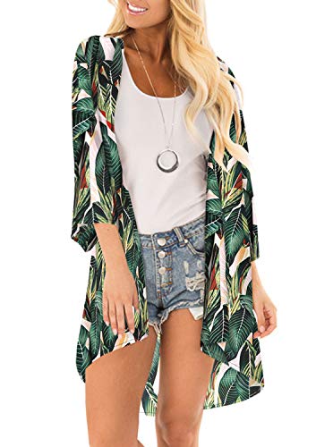 Women's Long Sleeves Open Front Leopard Print Kimono Cardigan Chiffon Casual Loose Cover Up Tops Dark Green Leaf Large