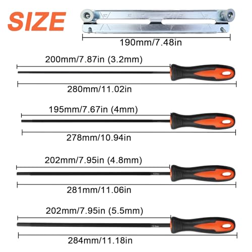 Mumjooyi 4 Stück Feile für Kettensäge mit Griff und Aktenhalter Pferd Feile Kettensäge Feilenset Kettensäge Rundfeile3,2mm, 4,0 mm, 4,8 mm, 5,5 mm 4 Größen für Kettensägen