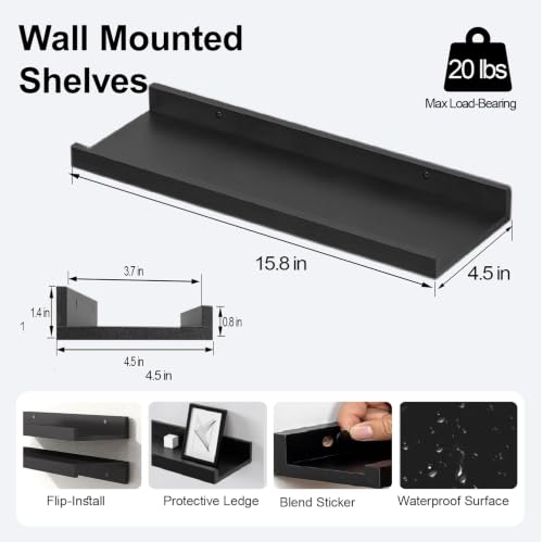 Image of Black Floating Shelves for Wall Decor, 16 in Shelf with Lip Set of 2