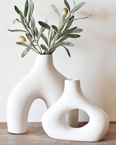 Carrot's Den Donut Vase, Set of 2 - White Large Ceramic Vase - Minimalist Nordic, Hollow | Table...