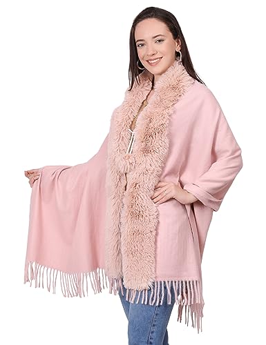 Image of Manra Women's Solid Faux Fur Border Stole Shawl Warm Wrap Cape for Winters (SC 14)