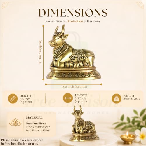 Image of Vastu Brass Nandi Cow Statue | 700g Weight Approx | Vastu Remedy for Home & Office | Nandi Bull Statue | Size- 9 X 11 Cm | Nandi Idol for Pooja | Pital Ka Nandi Ji