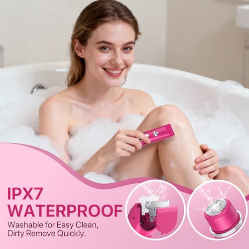 Image of Bikini Trimmer for Women, Rechargeable 2-in-1 Electric Razor for Shower& Travel, IPX7 Waterproof Painless Hair Removal for Bikini Line, Legs, Underarms, Wet & Dry Cordless Ceramic Blade, Pink