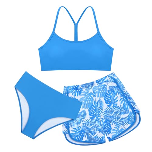 Image of Weixinbuy Girls 3 Piece Swimsuit Bathing Suits Solid Bikini Set with Printed Sports Shorts Swimwear for 9-16Y Teen Girls