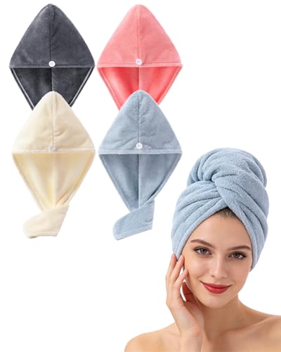 Lumimi Hair Towel Wrap 4 Pack for Women - Microfiber Fast Dry Turban, Anti Frizz Button Design, Lightweight Absorbent Hair Cap for Straight/Curly/Long Hair, 25cm x65cm Travel Towel (4 Colors)
