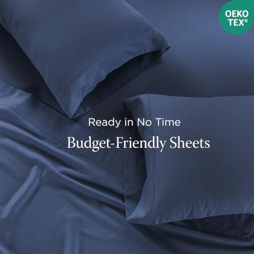 Image of Threadmill 300TC Cotton Full Sheet Set, Sateen, Solid, Folkstone Blue | 100% Cotton, Sateen Weave, 4-Piece Set, 16 inch Deep Pocket, All-Around Elastic, Cooling, Breathable, OEKO-TEX Certified