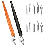 12PCS Oblique Calligraphy Dip Fluid Writer Pens, Comic Pen Nibs for Drawing, Wooden Drawing Pens Holder with 10 PCS Stainless Steel Pen Replacement Nibs Nib for Writing, Painting, Signing, Sketch