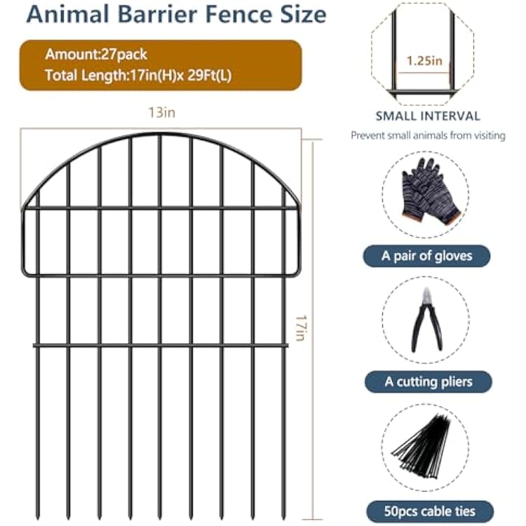 29ft (L) X 17in (H) Garden Fence Animal Barrier, 27 Panels No Dig Fence for Dogs, 1.25 in Gap Rustproof Metal Dig Defense Edging Border, Rabbits Blocker Decorative Fence for Outdoor Yard