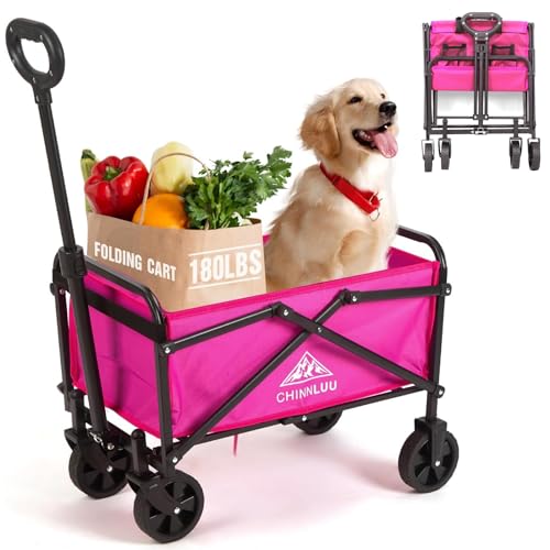 Small Folding Wagon Cart with Wheels up to 180lbs, Collapsible Portable Beach Garden Wagon for Grocery Shopping Camping, All-Terrain Silent Universal Wheels, Two Cup Holders, Large Capacity