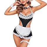 NewBull French Maid Outfit Sexy Costume for Women Naughty Lace Babydoll Uniform Halter Bodysuit Dress Servant Anime Maids Cosplay Lingerie Set with Apron Mini Skirt for Halloween Party