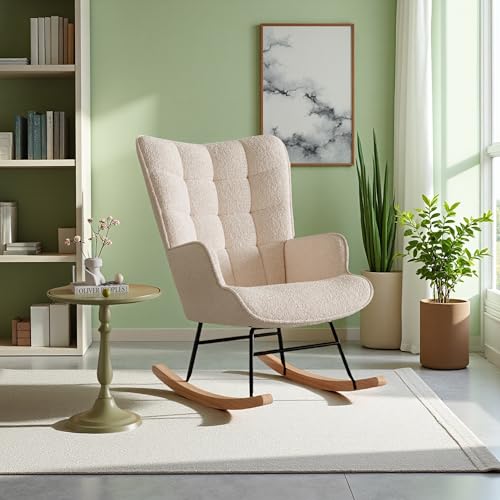Aneutr Mecedora, con Reposabrazos, Silla de Lactancia Acolchado, Mecedora reclinable con Respaldo Capitoné y Base de Madera, Carga 120 kg, para Dormitorio, Salón