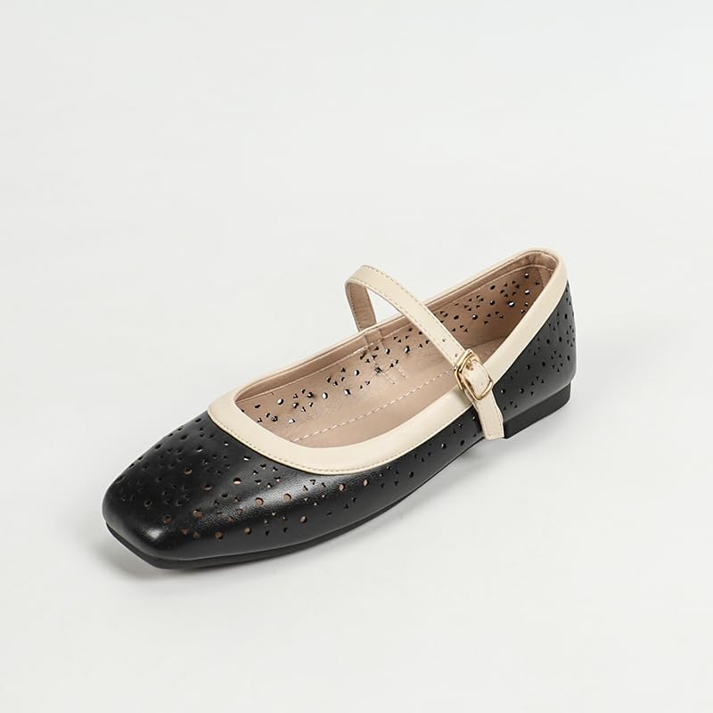 Cut-Out Women’s Square Toe Mary Jane Flats Shoes with Strap Buckle, Elegant Comfortable Slip-On Lea Ther Ballet Flats for Casual Outfits Office Daily Dress3