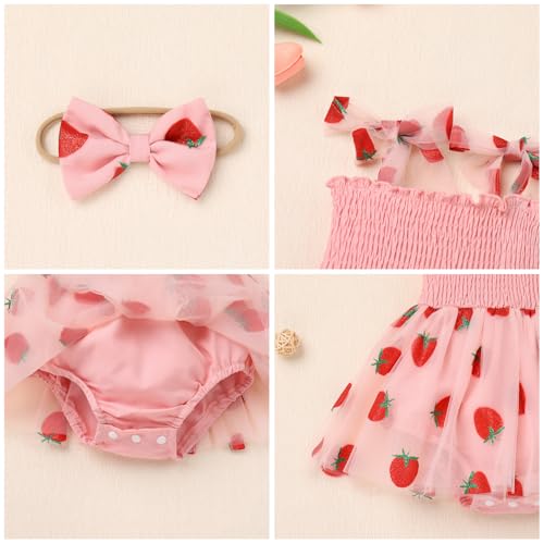 AWIBMK Baby Girls 1st Birthday Colorful Dots Daisy Strawberry Ruffle Romper Tulle Dress with Headband Cake Smash Outfit4