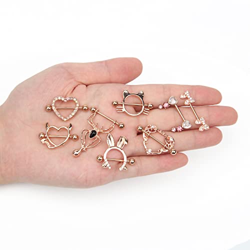 Crazypiercing 8 Pairs Cute Nipple Rings Surgical Stainless Steel Barbell Nipple Rings 18G Nipple Piercing Jewelry Set For Women Man (Rose Gold) #TOP5