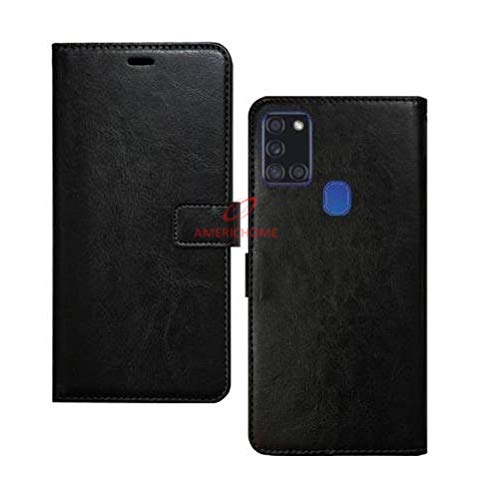 Image of Americhome Inside Rubber TPU with Card Pockets Magnetic Closure Protection Compatible with Samsung Galaxy A21s (Black)