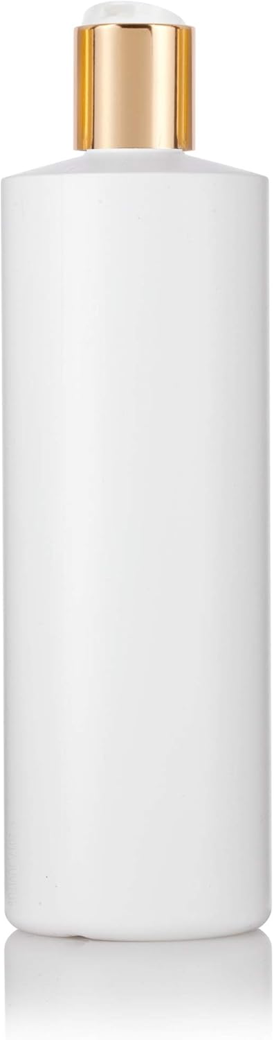 JUVITUS 16 oz Large White Refillable Plastic Squeeze Bottles with Gold Disc Cap Lid (12 pack)