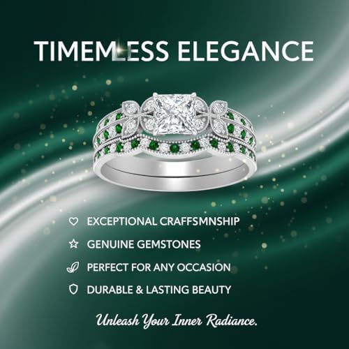 Image of Choose Your Gemstone Milgrain Petal Diamond CZ Wedding Ring Set 925 Sterling Silver Princess Shape Wedding Ring Sets Lightweight Office Wear Everyday Gift Jewelry US Size 4 to 12