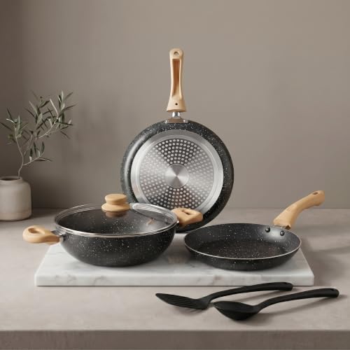 Image of Crystal Aluminum 6 Pcs Non Stick Cookware Set with Induction Bottom | Tawa, Fry Pan, Kadhai with Lid, Laddle & Spatula | Durable 4 Layer Non Stick Coating | PFOA Free | Black