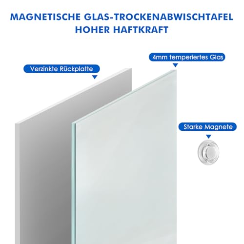 maxtek Whiteboard Glas, 90 x 60 cm Rahmenlos Gehärtetem Glasboard, Magnettafel Trocken Abwischbar zur Wandmontage, Modernes Memoboard Incl 5 Neodym-Magnete, 3 Stifte, 1 Radiergummi für Haus und Büro