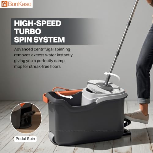 Image of BonKaso Turbo Spin Mop with Bucket Set, 360 Degree Microfiber Floor Cleaning Mop and Pocha, Stainless Steel Wringer, Adjustable Steel Handle, Big Wheels and Drain Valve for Tiles and Marble