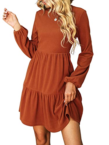 CUPSHE Damen Kleid Volants Rundhals Langarm Gerippter Struktur A Linien Freizeitkleider Party Mini Dress Orange XL Cover