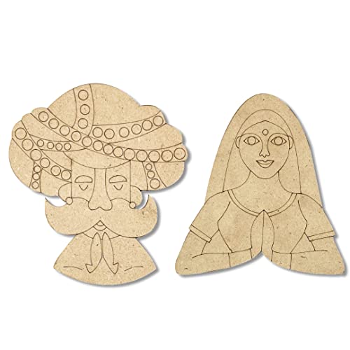 Image of Adikala MDF Traditional Traditional Rajasthani Decorative Ram Ram Sa & Padharo Sa Welcome Men & Lady Cutout with Engraving for Hanging | Decoration | Resin Art & Craft DIY