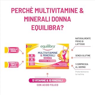 Equilibra Integratori Alimentari, Multivitamine & Minerali Donna, Integratore Tripla Azione di Magnesio, Ferro, Acido Folico e Vitamina C, Senza Glutine, 30 Compresse Triplo Strato a Rilascio Graduale