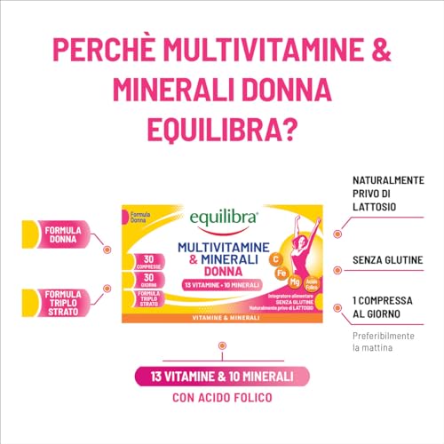 Equilibra Integratori Alimentari, Multivitamine & Minerali Donna, Integratore Tripla Azione di Magnesio, Ferro, Acido Folico e Vitamina C, Senza Glutine, 30 Compresse Triplo Strato a Rilascio Graduale - Immagine 2