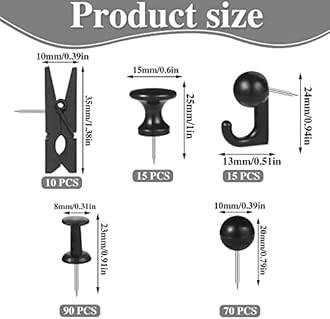 200 Pieces Push Pins Thumb Tacks Black Push Pins for Cork Board, 5 Style for Bulletin Boards Wall Maps Pictures Office Home Supplies