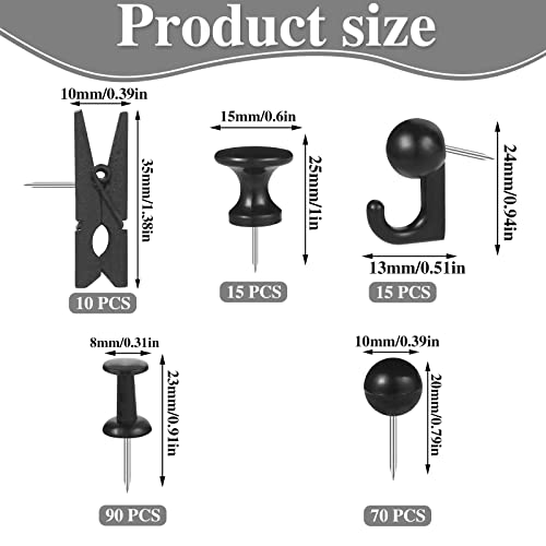 200 Pieces Push Pins Thumb Tacks Black Push Pins for Cork Board, 5 Style for Bulletin Boards Wall Maps Pictures Office Home Supplies