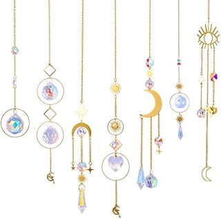 7Pack Crystal Suncatchers,Gold Moon Star Sun Catchers Hanging with Chain Pendant Ornament Colorful Crystal Glass Balls for Window Bedroom Car Home Garden Office Party Wedding Christmas Decorations