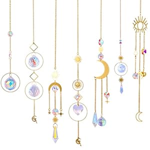 7Pack Crystal Suncatchers,Gold Moon Star Sun Catchers Hanging with Chain Pendant Ornament Colorful Crystal Glass Balls…