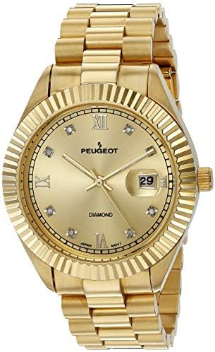 Peugeot 14K Gold Plated Diamond Luxury Dress Watch with Fluted Bezel and Calendar
