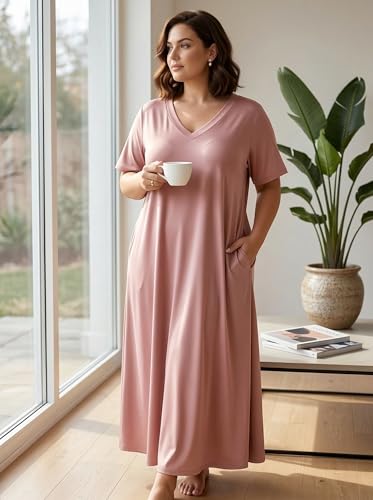 Image of SUZONANA Women Casual T-Shirt Dress V Neck Short Sleeve Solid Color Oversize Dress with Front Two Pockets
