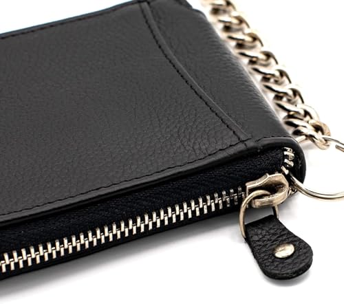 RFID Safe Leather Bi-fold Chain Wallet for Men Zip around Purse for Women Biker's Trucker YKK Metal Zipper Closure Filp up window ID (Black with Chain)3