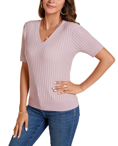 Image of Women Summer Knit Shirt Blouse V Neck Short Sleeve Pullover Sweater Tops