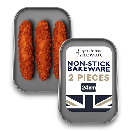 Great British Bakeware 2 Pack 24cm Superior Double Coated Non Stick Small Oven Baking Tray Roasting, Cooking, Oven Safe to 220°C, PFOA BPA Free Cookware, Baking Trays, Shallow, Made in England
