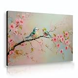 鳥桃の花キャンバスウォールアートベッドルームリビングルームホームデコレーション牧歌的な自然風景キャンバスプリントモダンウォールデコレーション写真ピンク70x105cmインナーフレーム