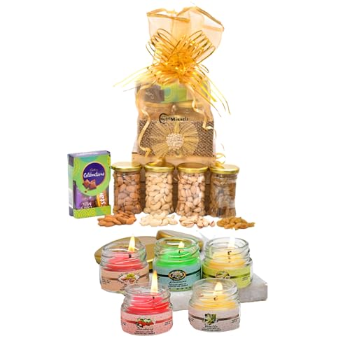 Image of NUTRI MIRACLE Navratri Dry Fruits And Chocolate Combo Hamper | Diwali Candles Gift Pack For Employees Clients with Diwali Greeting Card.