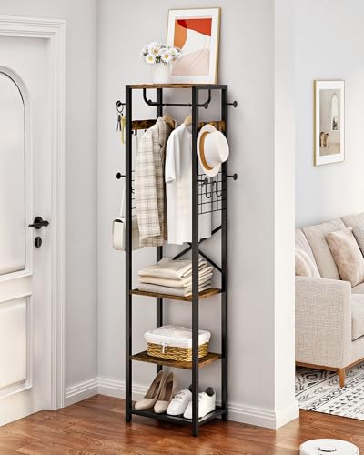 CHOEZON Garderobenständer, Kleiderständer mit 3 Ablagen, 16 Haken und Kleiderstange, freistehende Garderobe, Industrie-Stil, für Eingangsbereich, Flur, Vintagebraun und Schwarz DTYM18BF